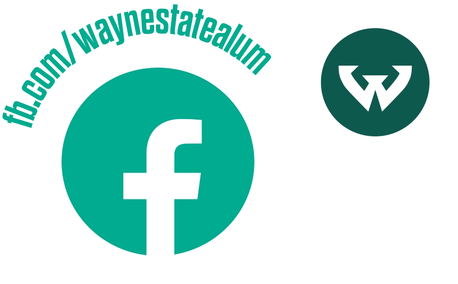 Facebook logo and WSU logo with text: fb.com/waynestatealum